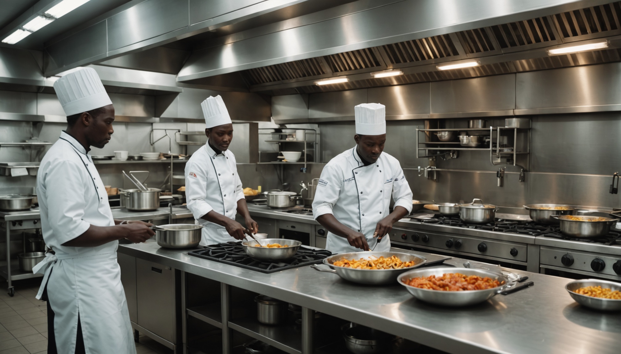 Professional commercial kitchen interior in Kenya with stainless steel equipment and African kitchen staff