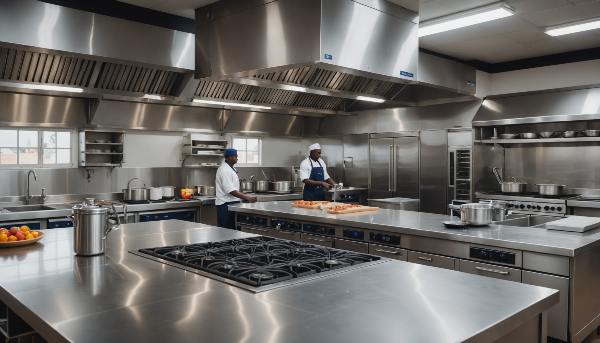 Commercial kitchen services visual showing design, fabrication, and installed stainless steel kitchen delivery