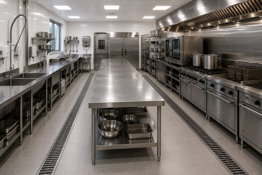 Custom stainless steel drainage system fabricated by Beyond Commercial Kitchen