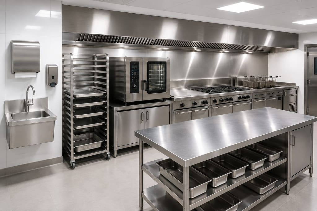 Custom stainless steel kitchen support equipment fabricated by Beyond Commercial Kitchen