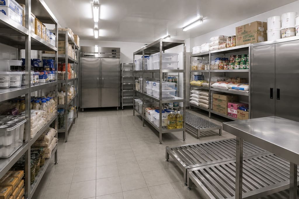 Custom stainless steel storage racking fabricated by Beyond Commercial Kitchen