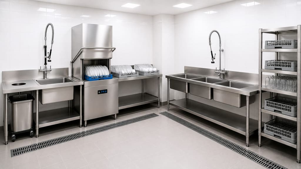 Custom stainless steel wash-up area fabricated by Beyond Commercial Kitchen